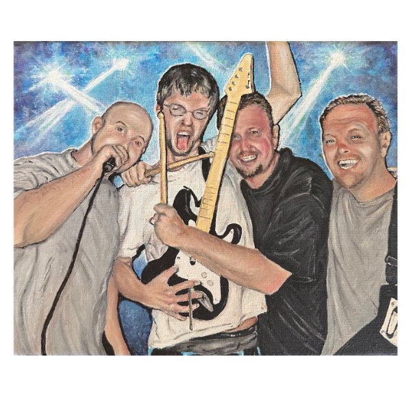 Hand painted acrylic character portrait of a rock band