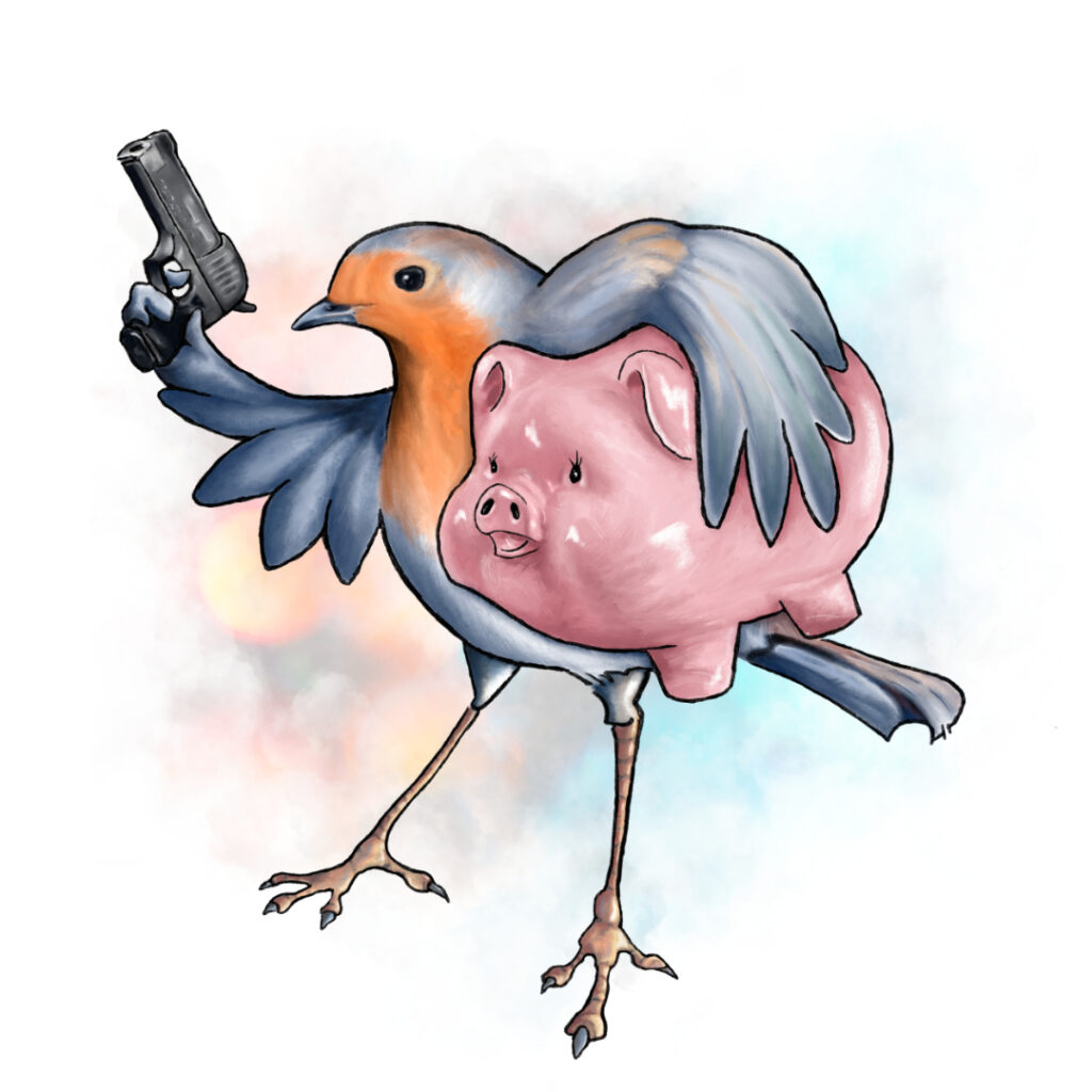 Illustrated character art print featuring a robin bird.