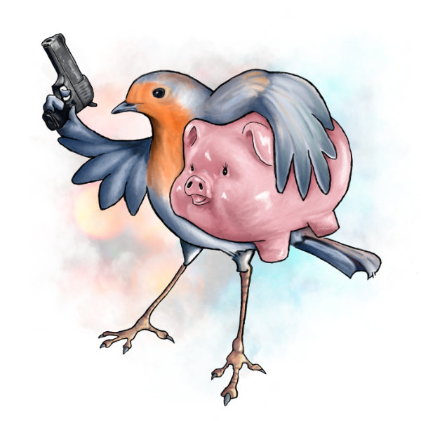 Illustrated character art print featuring a playful robin bird.