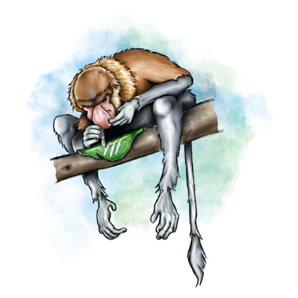 Illustrated character art print featuring a playful proboscis monkey.