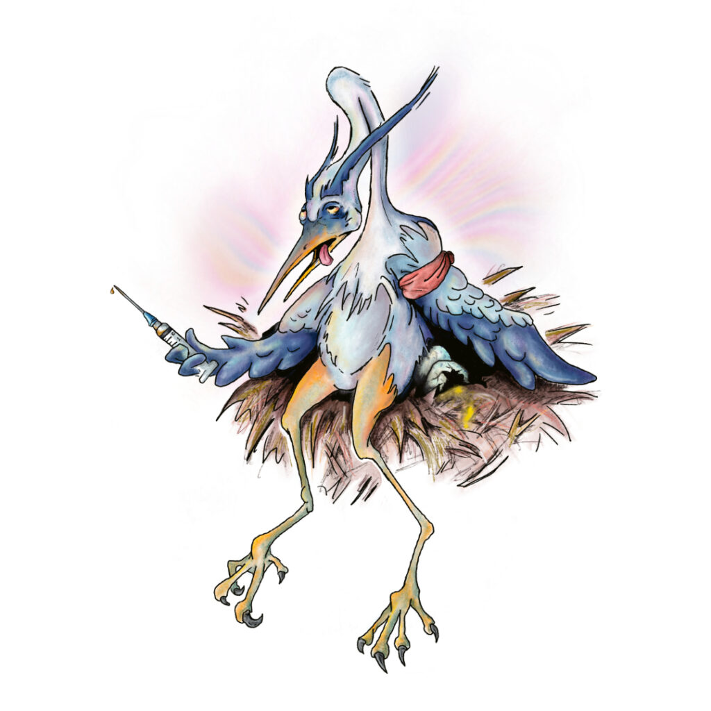 Illustrated character art print featuring a blue heron.