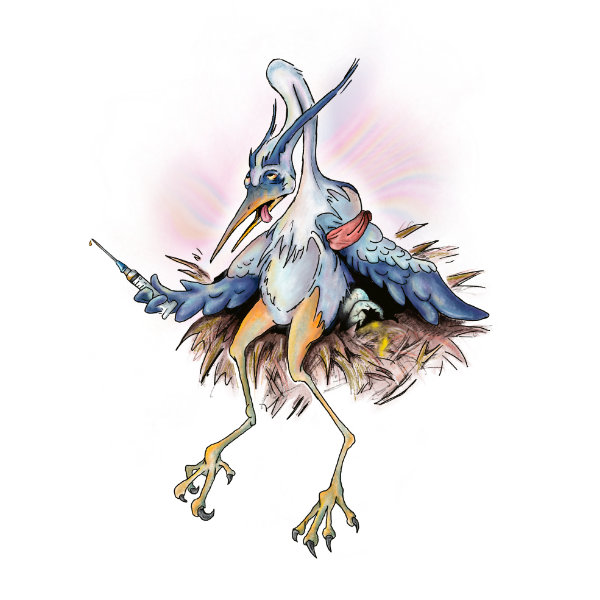 Illustrated character art print featuring a playful blue heron.