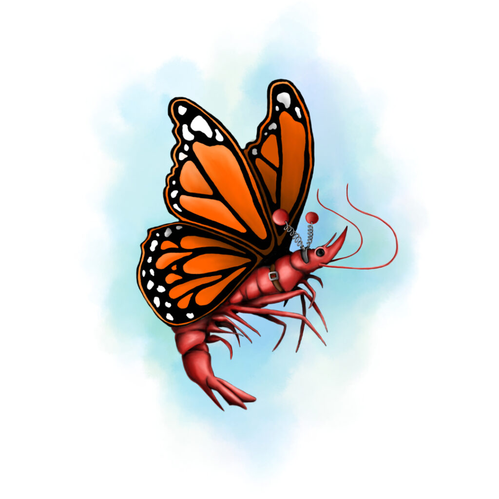 Illustrated character art print featuring a butterfly shrimp.