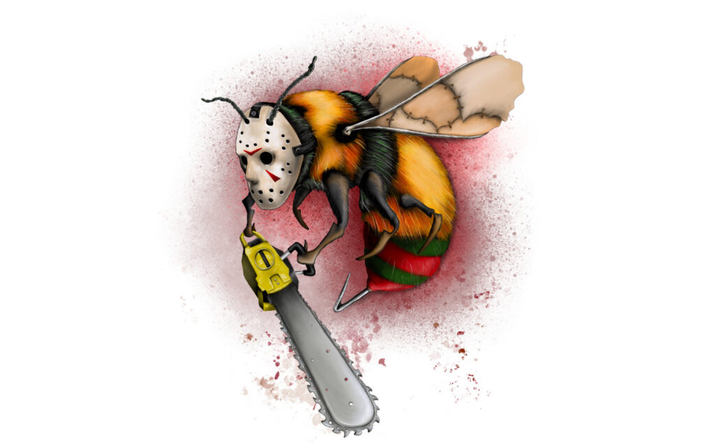Illustrated character art print featuring a playful killer bee.