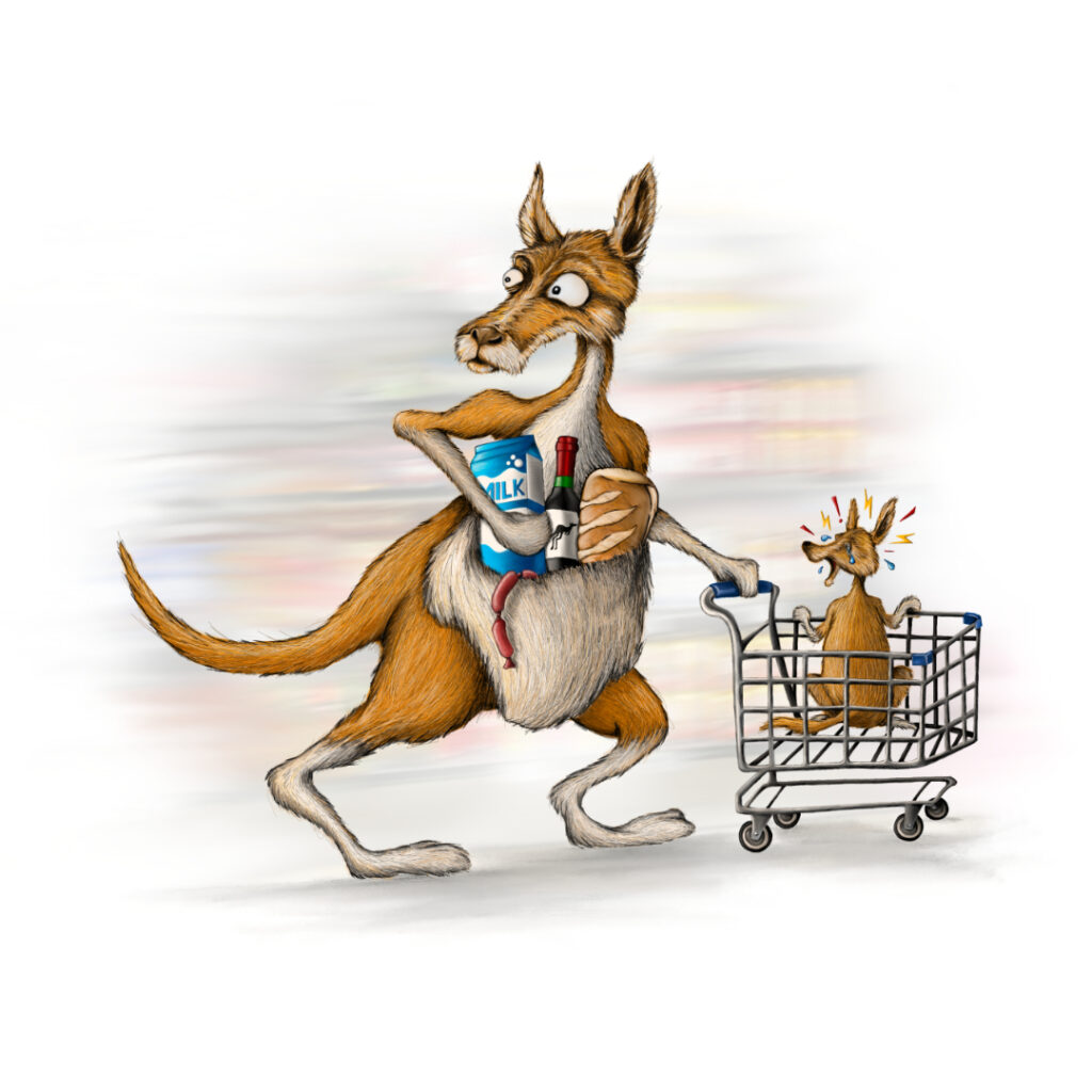 Illustrated character art print featuring a kangaroo and joey.