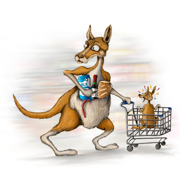 Illustrated character art print featuring a playful kangaroo and joey.