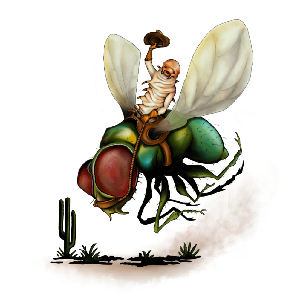 Illustrated character art print featuring a playful horse fly and maggot