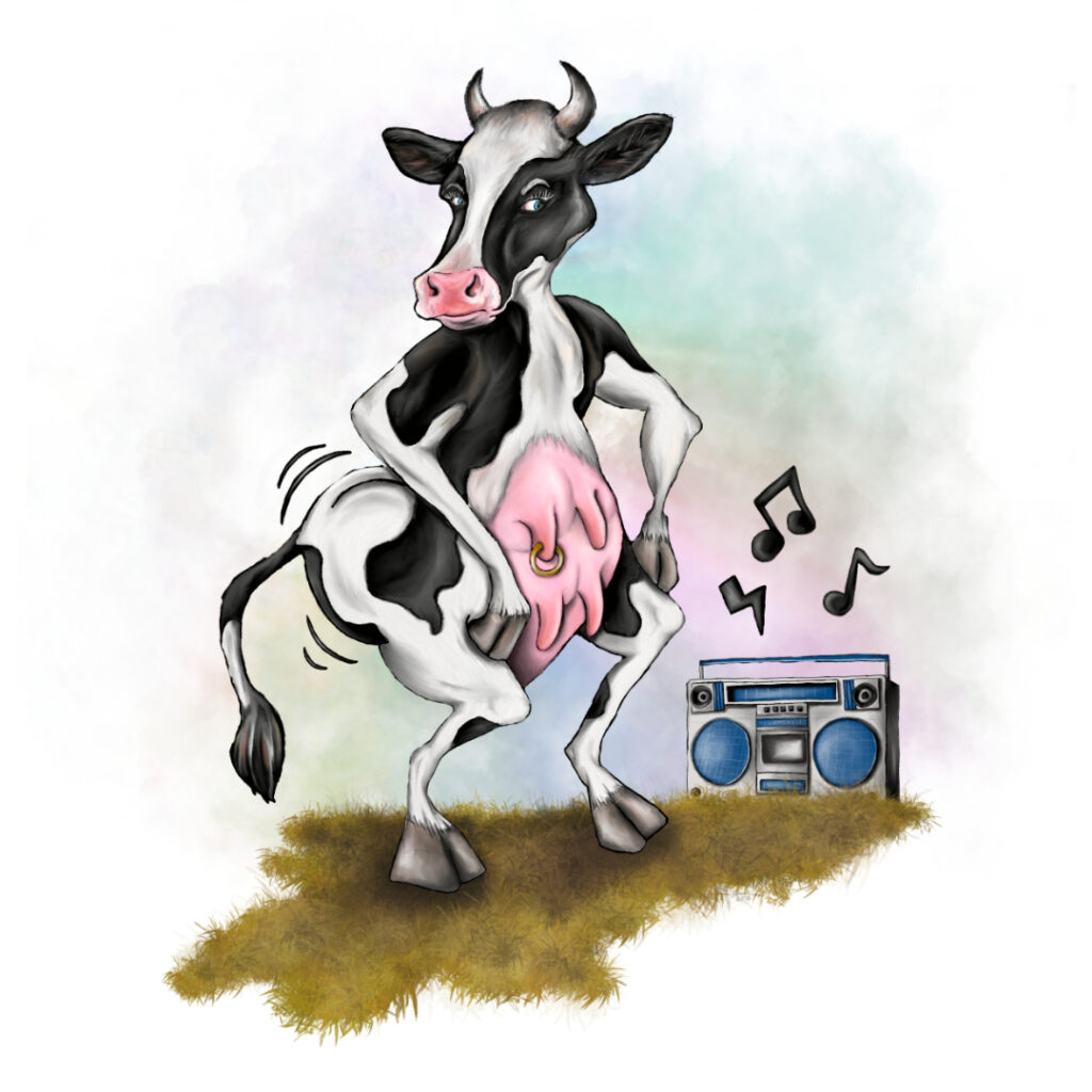 Illustrated character art print featuring a ram with twerking dairy cow.
