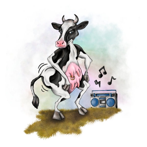 Illustrated character art print featuring a playful milk cow.