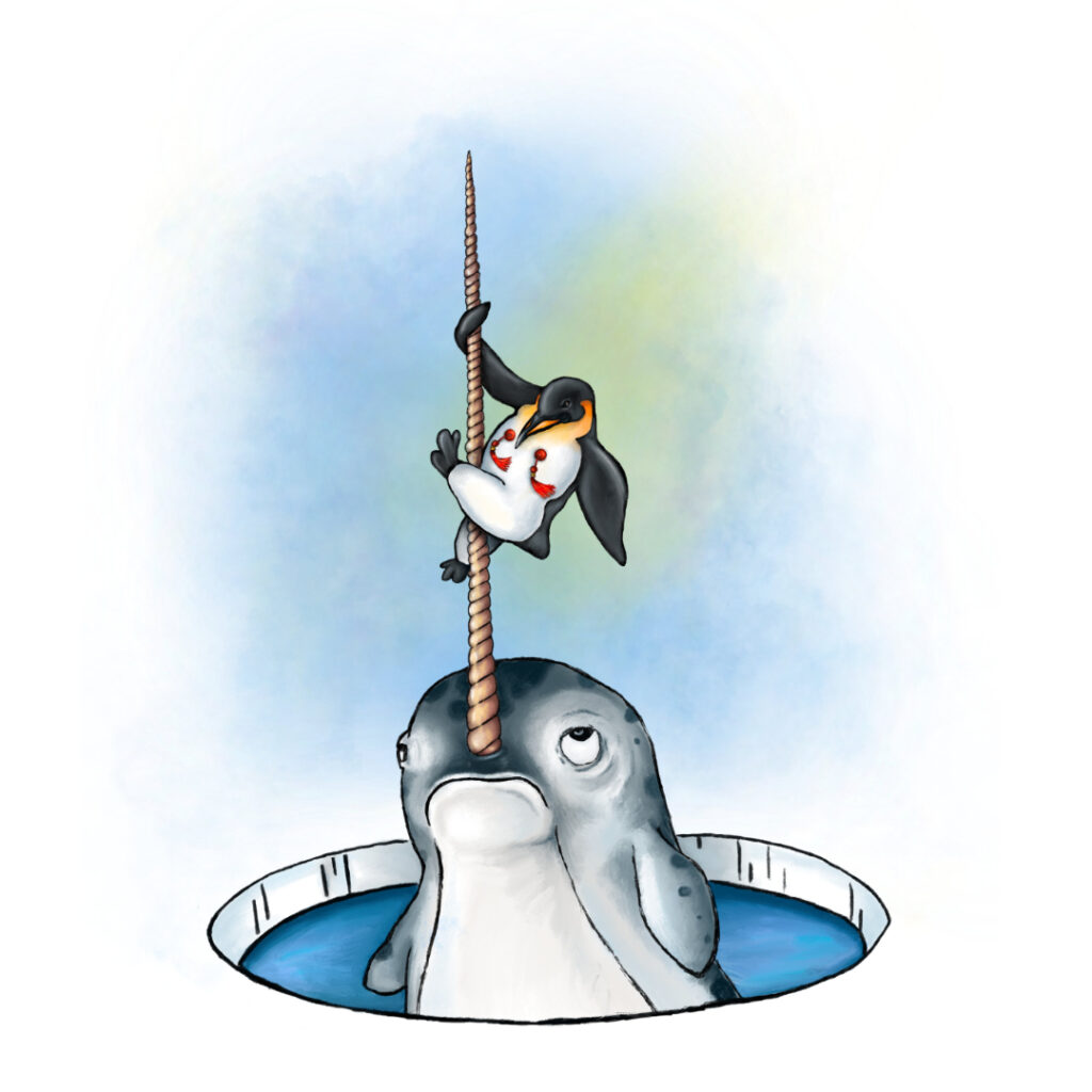 Illustrated character art print featuring a playful penguin and narwhal.