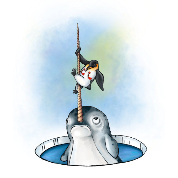 Illustrated character art print featuring a playful penguin and narwhal.