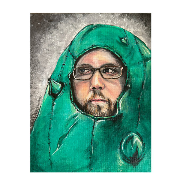 Acrylic painting of a man dressed in a pickle costume