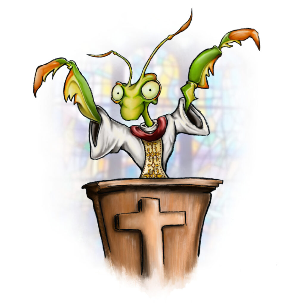 Illustrated character art print featuring a praying mantis.