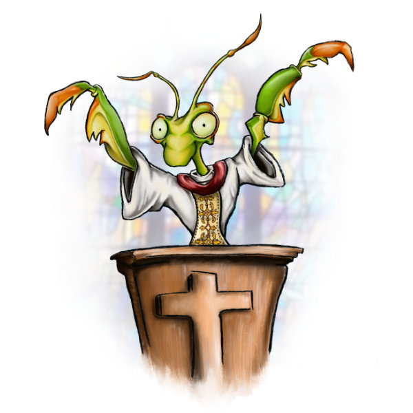 Illustrated character art print featuring a playful praying mantis.