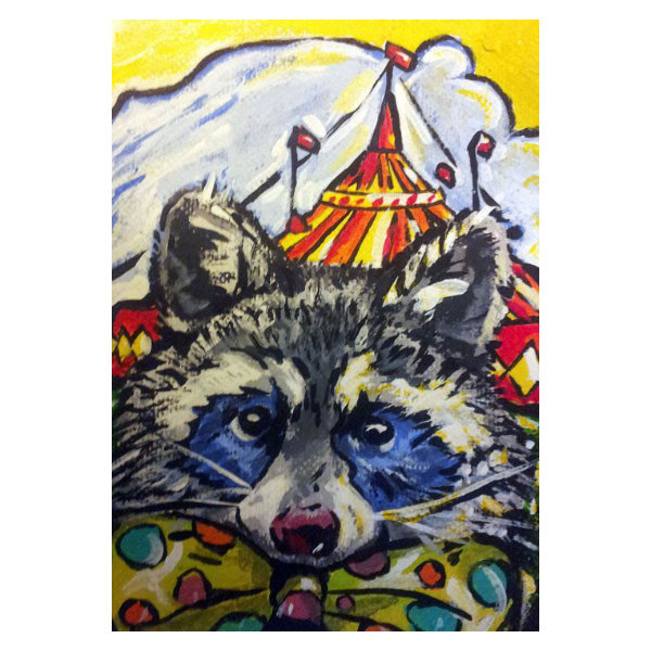 Hand painted art card featuring a funny raccoon clown