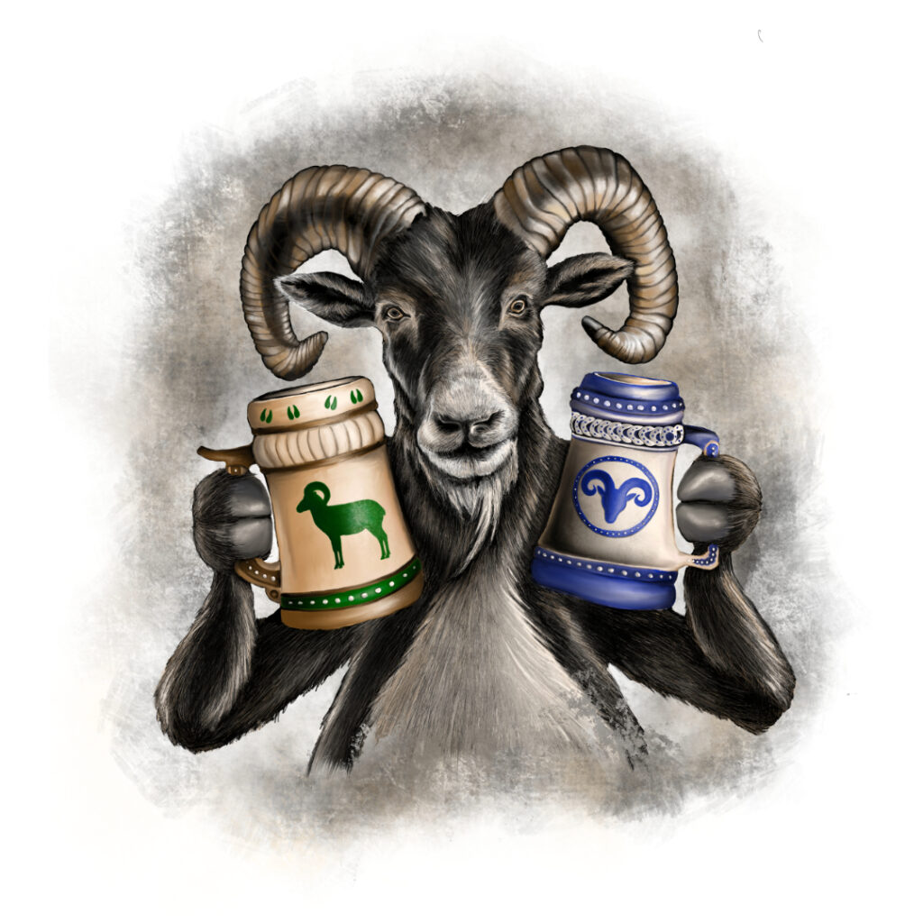 Illustrated character art print featuring a ram with beer steins.