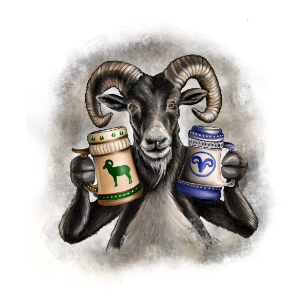 Illustrated character art print featuring a playful ram.
