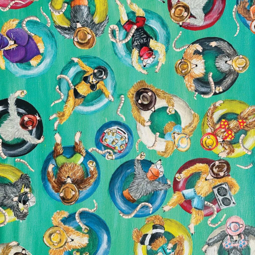 Illustrated character art print featuring party rats.