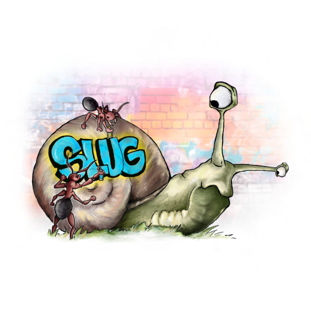 Illustrated character art print featuring a playful ants and snail slug.