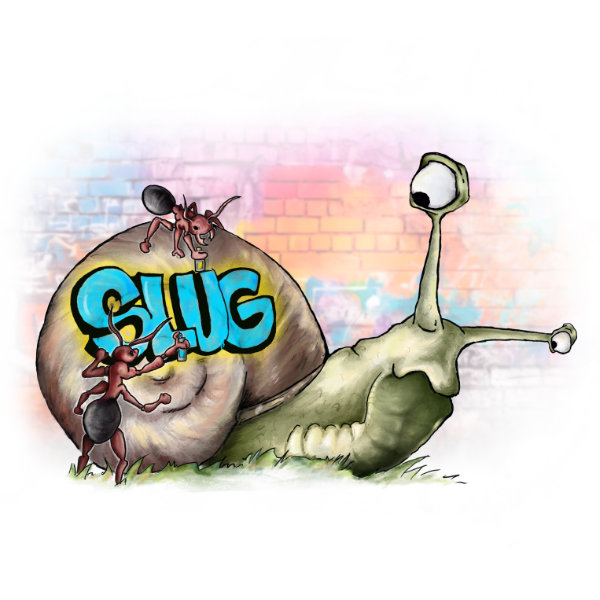Illustrated character art print featuring a playful ants and snail slug.
