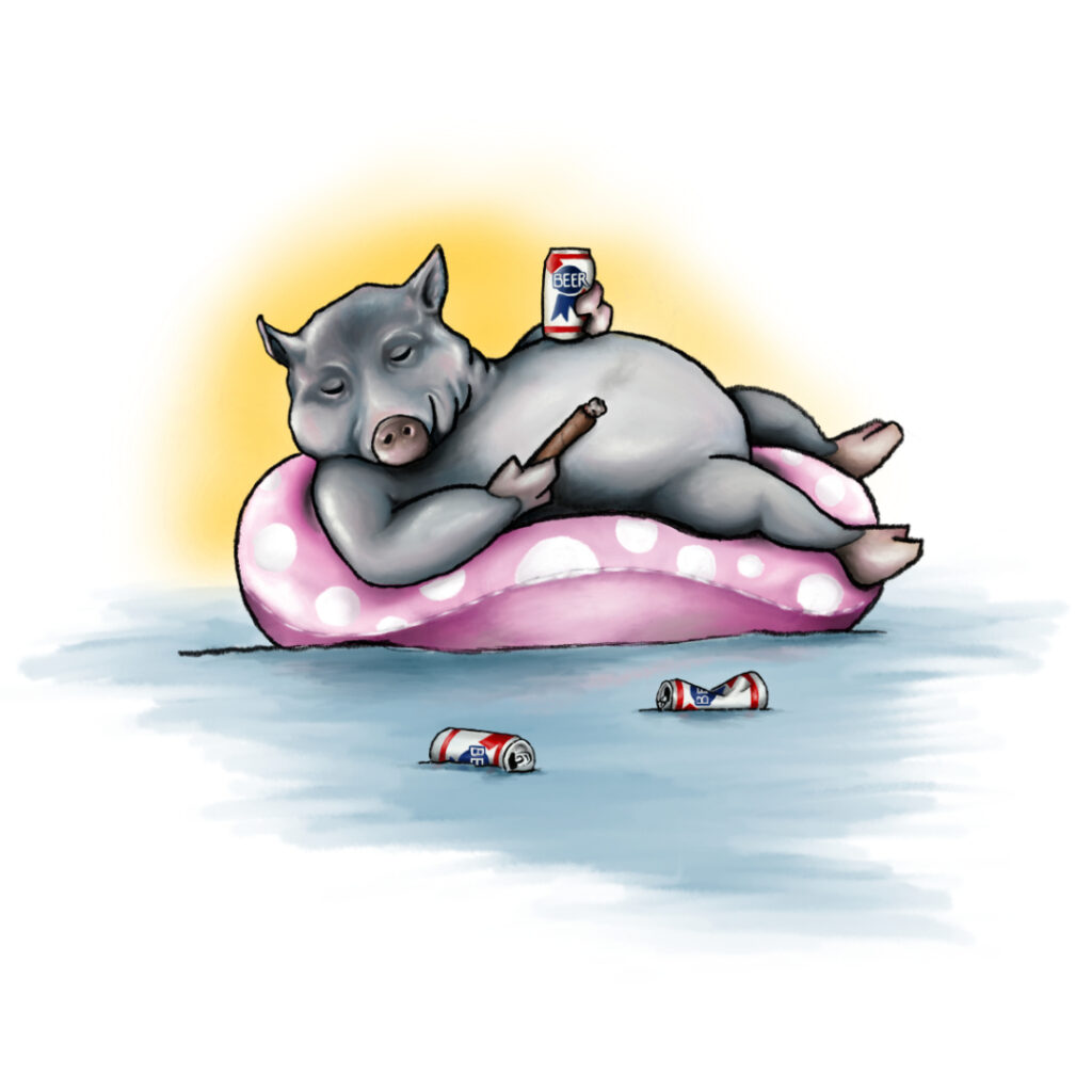 Illustrated character art print featuring a funny water pig.
