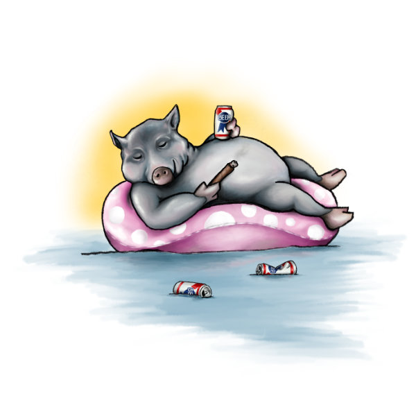 Illustrated character art print featuring a playful water pig.