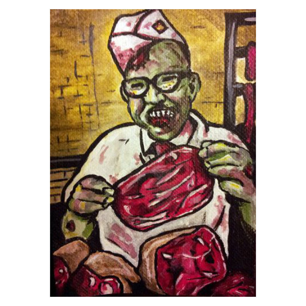Hand painted art card featuring a zombie butcher