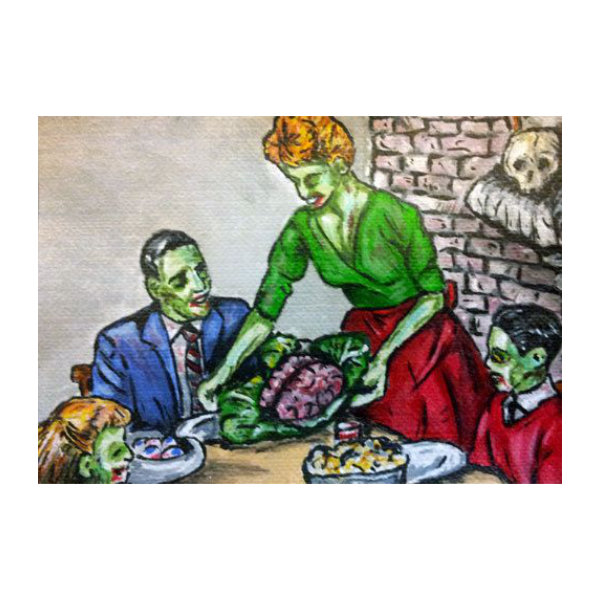 Hand painted art card featuring a zombie family