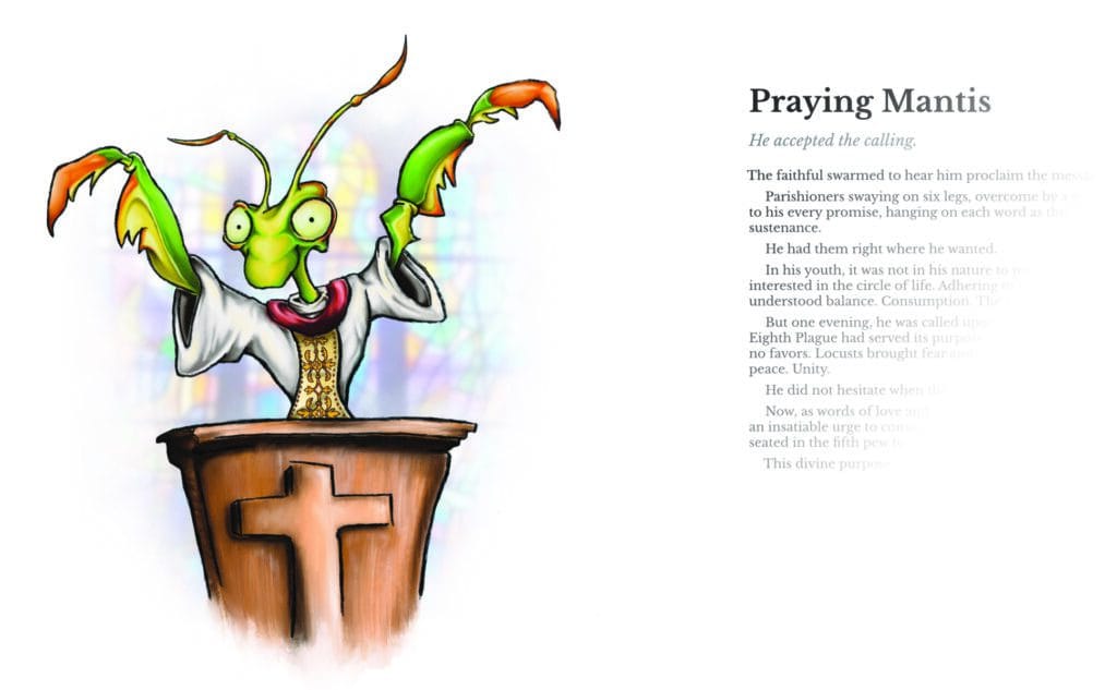 Interior book page for the Praying Mantis Illustrated character.